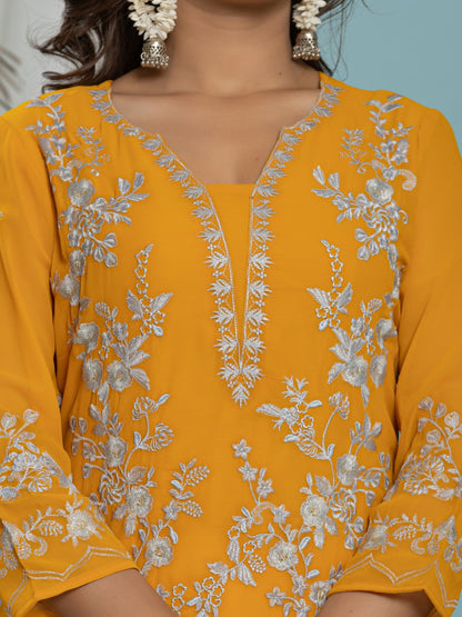 Thread Embroidered Georgette Solid Kurta with Lining - Mustard