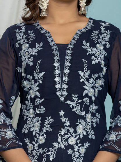 Thread Embroidered Georgette Solid Kurta with Lining - Navy