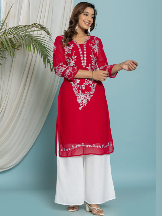 Thread Embroidered Georgette Solid Kurta with Lining - Pink