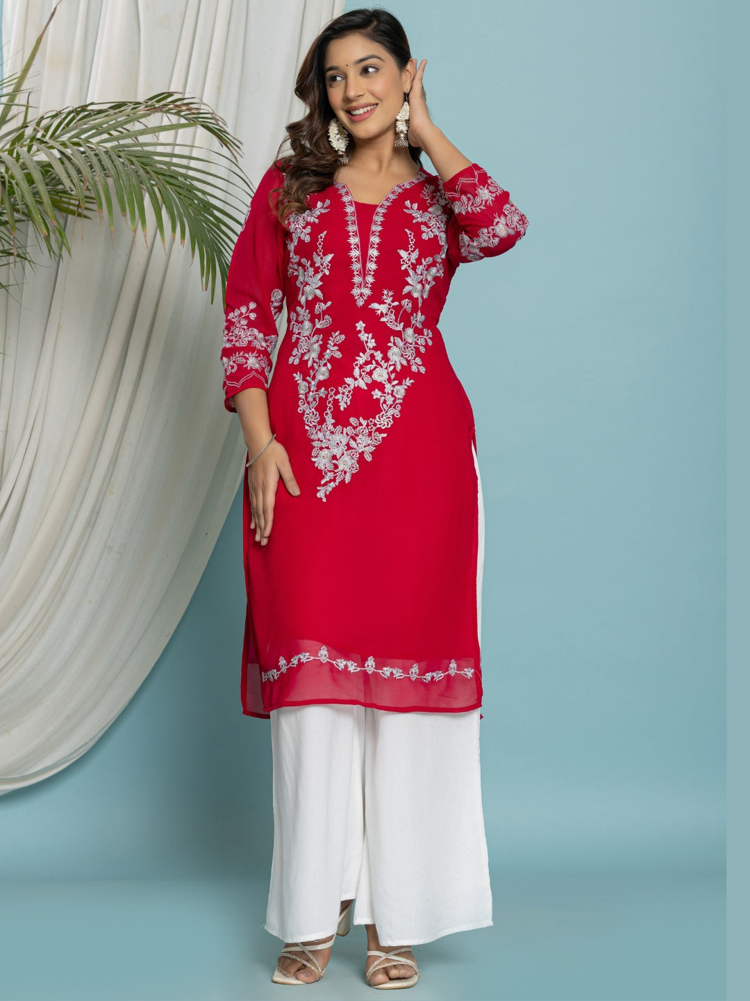 Thread Embroidered Georgette Solid Kurta with Lining - Pink