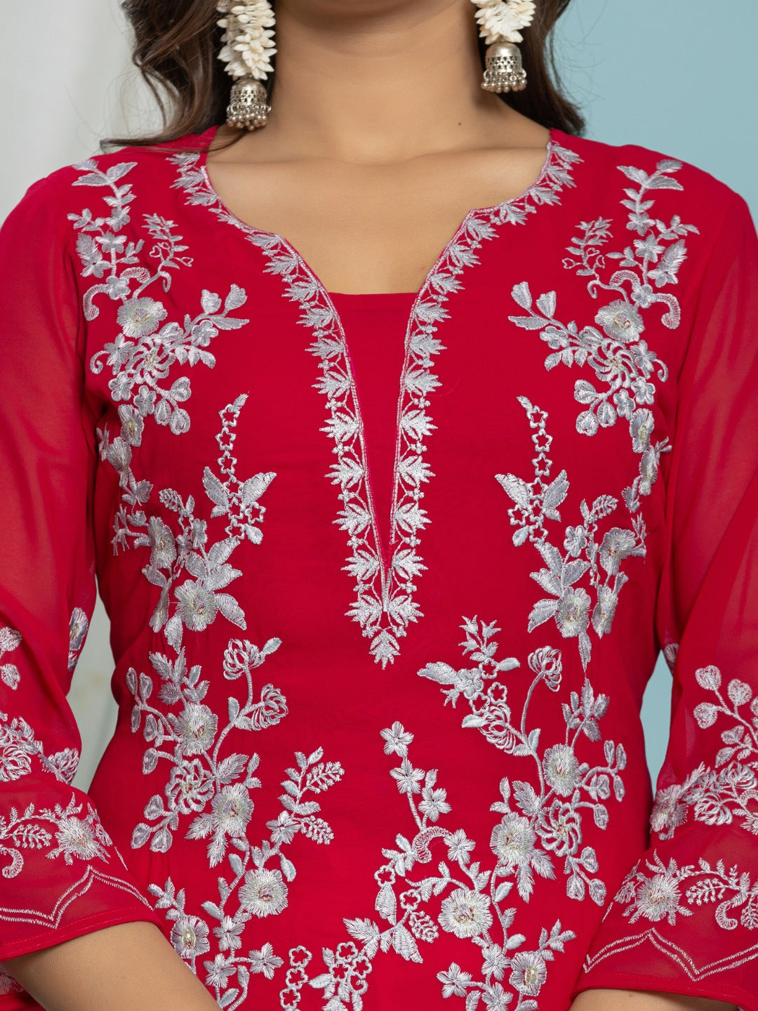 Thread Embroidered Georgette Solid Kurta with Lining - Pink