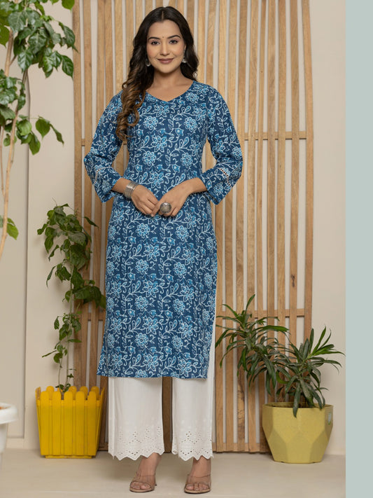 Cotton Katha Printed Straight V neck Kurta - Blue