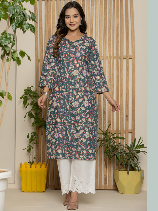 Cotton Katha Printed Straight V neck Kurta - Dark grey