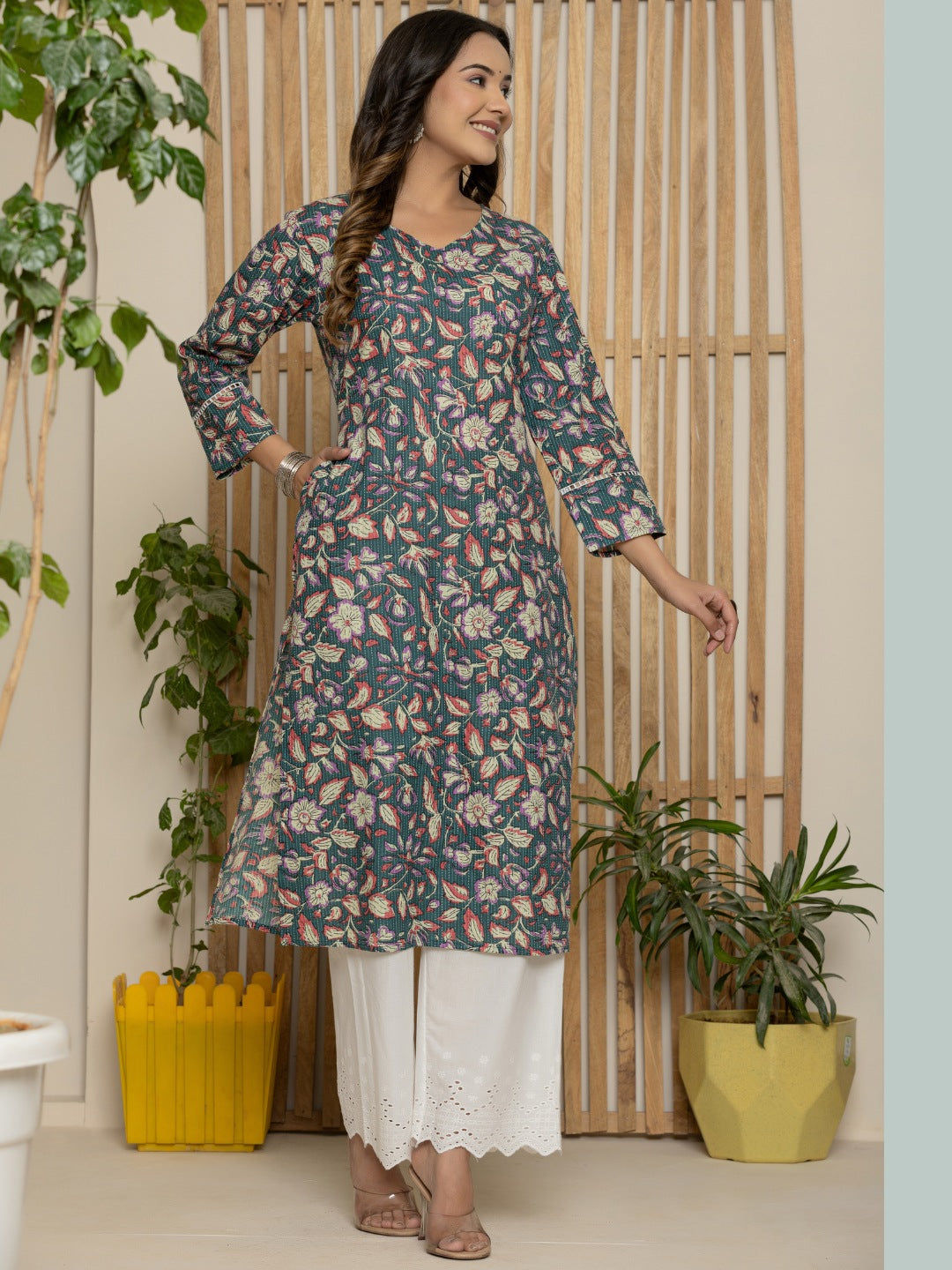 Cotton Katha Printed Straight V neck Kurta - Dark grey