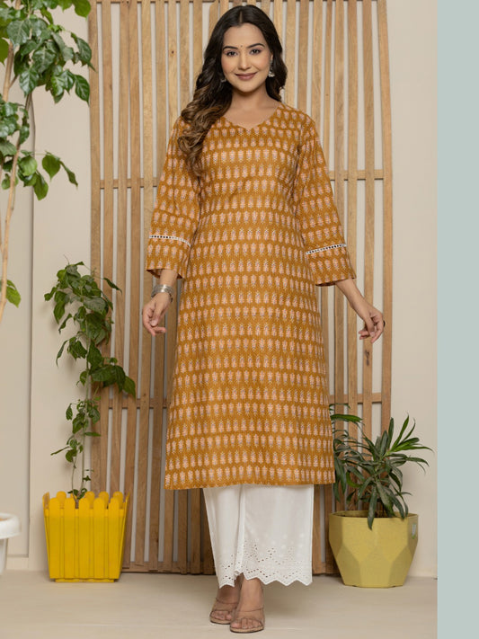 Cotton Katha Printed Straight V neck Kurta - Mustard