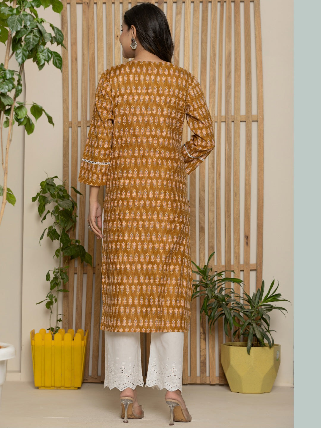 Cotton Katha Printed Straight V neck Kurta - Mustard