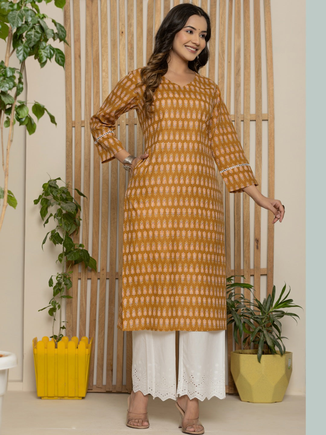 Cotton Katha Printed Straight V neck Kurta - Mustard