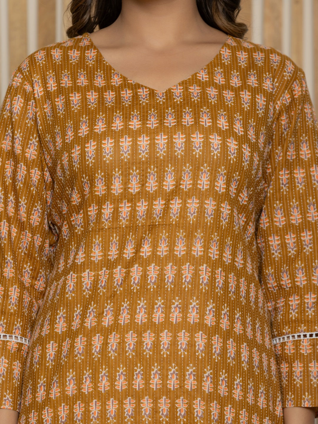 Cotton Katha Printed Straight V neck Kurta - Mustard