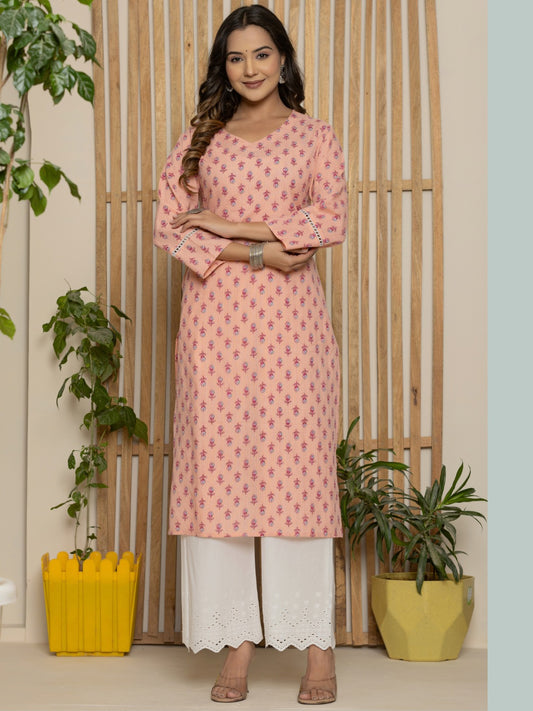 Cotton Katha Printed Straight V neck Kurta - Peach