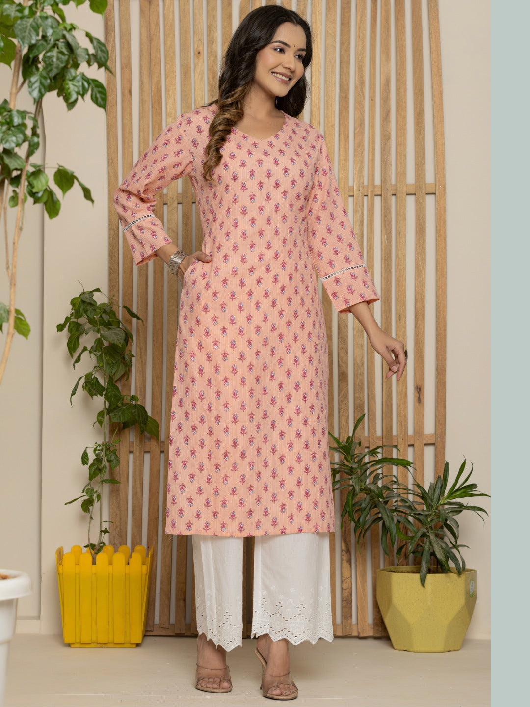 Cotton Katha Printed Straight V neck Kurta - Peach