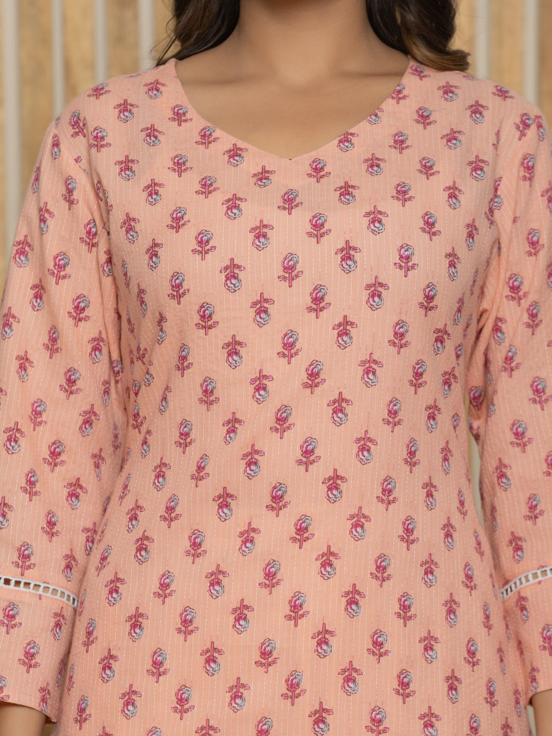 Cotton Katha Printed Straight V neck Kurta - Peach