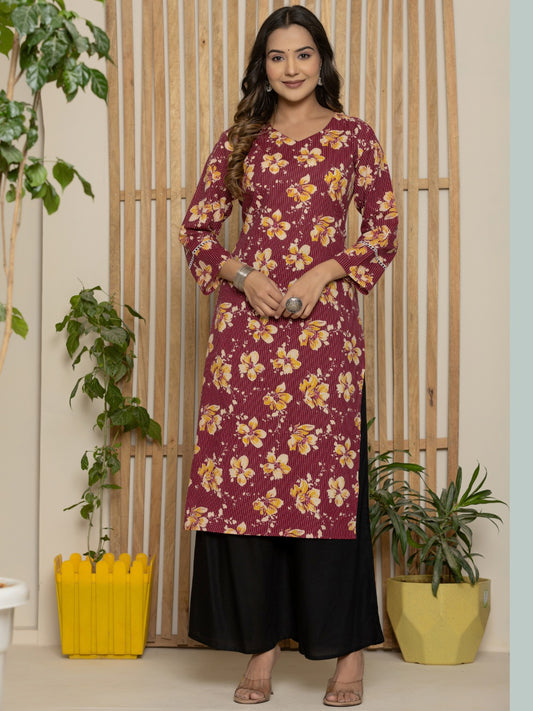 Cotton Katha Printed Straight V neck Kurta - Wine