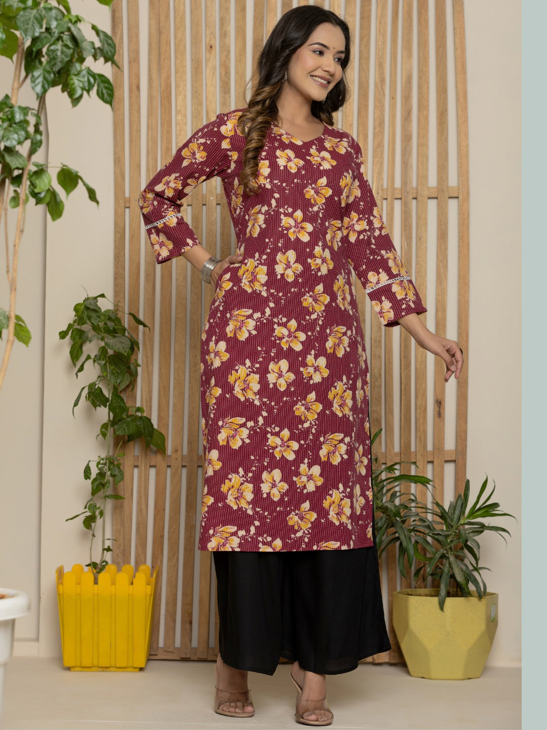 Cotton Katha Printed Straight V neck Kurta - Wine