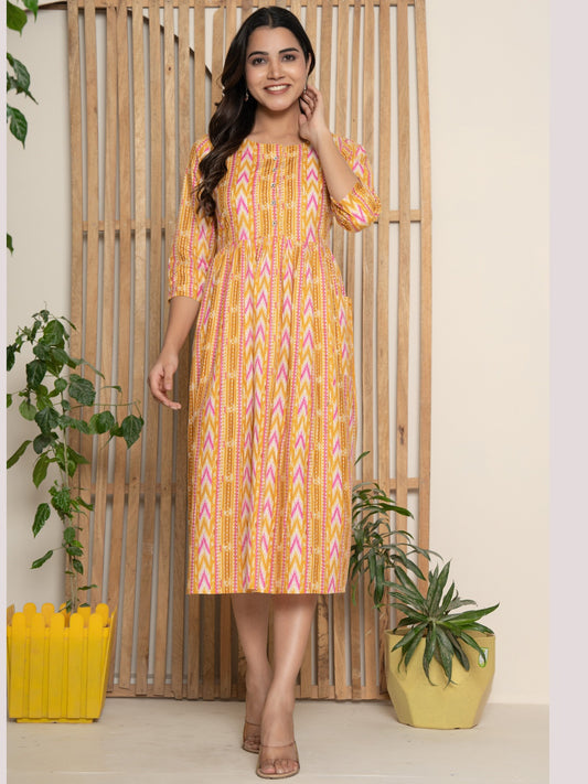 Pure Cotton Printed Fit and Flare Midi Dress - Mustard