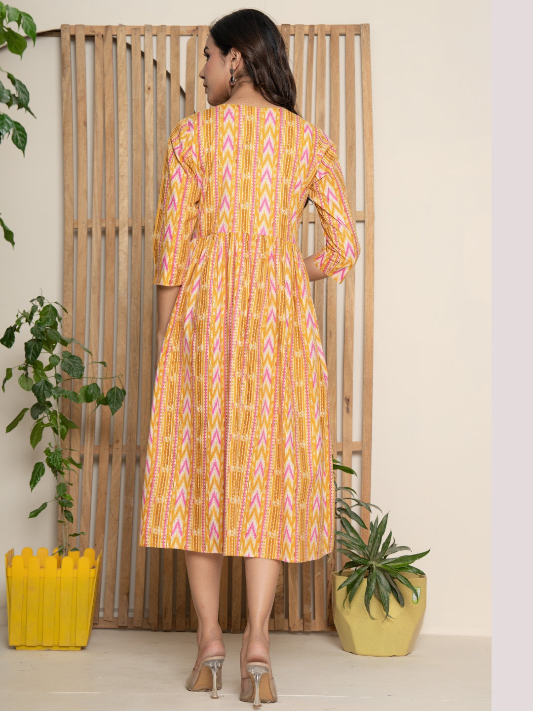 Pure Cotton Printed Fit and Flare Midi Dress - Mustard