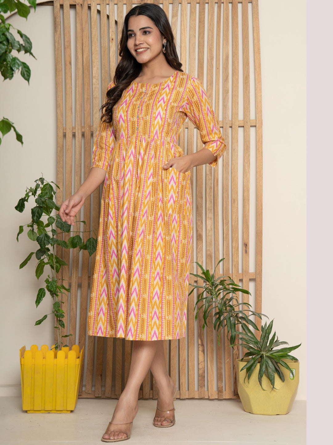 Pure Cotton Printed Fit and Flare Midi Dress - Mustard