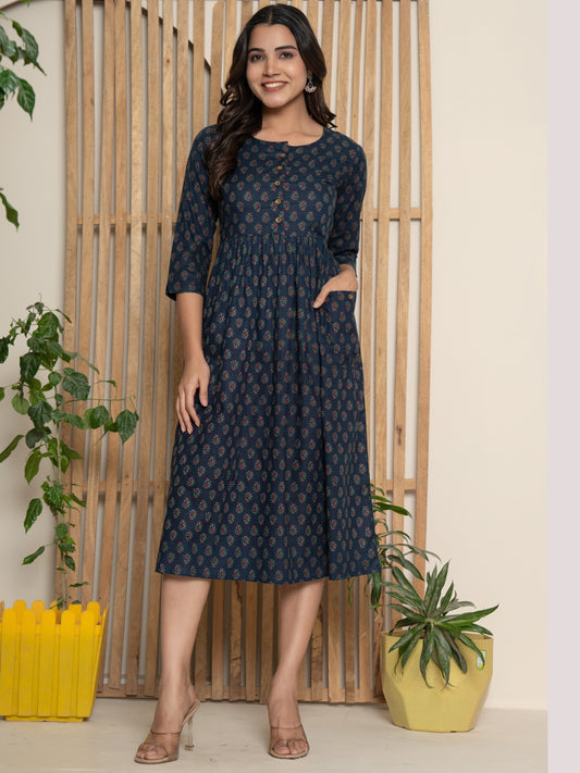 Pure Cotton Printed Fit and Flare Midi Dress - Navy