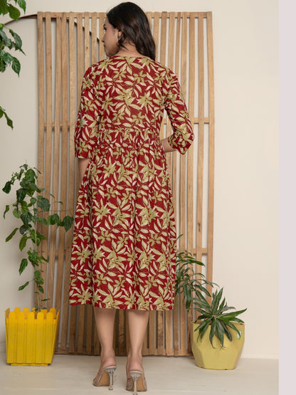 Pure Cotton Printed Fit and Flare Midi Dress - Red