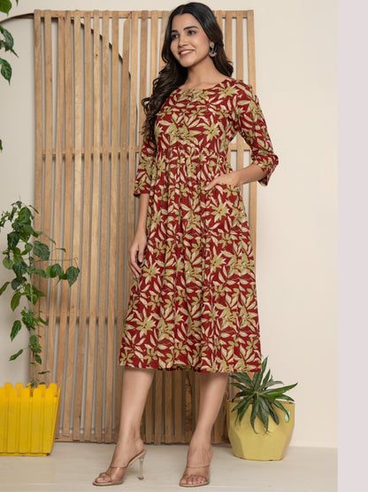Pure Cotton Printed Fit and Flare Midi Dress - Red