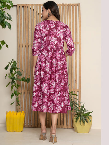 Pure Cotton Printed Fit and Flare Midi Dress - Violet
