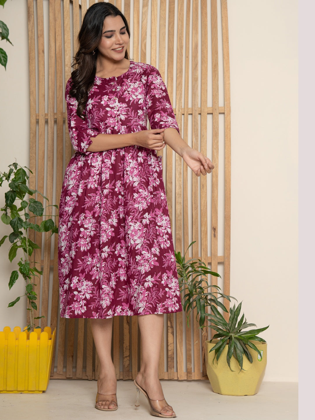 Pure Cotton Printed Fit and Flare Midi Dress - Violet