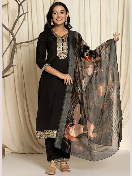 Roman Silk Embroidered Kurta, Pant and Dupatta Set - Black