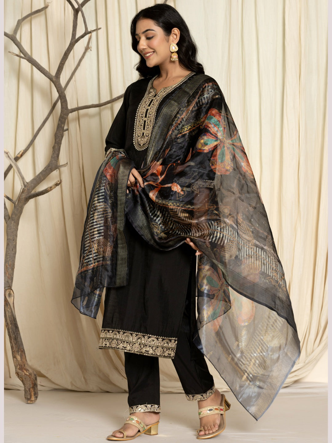 Roman Silk Embroidered Kurta, Pant and Dupatta Set - Black