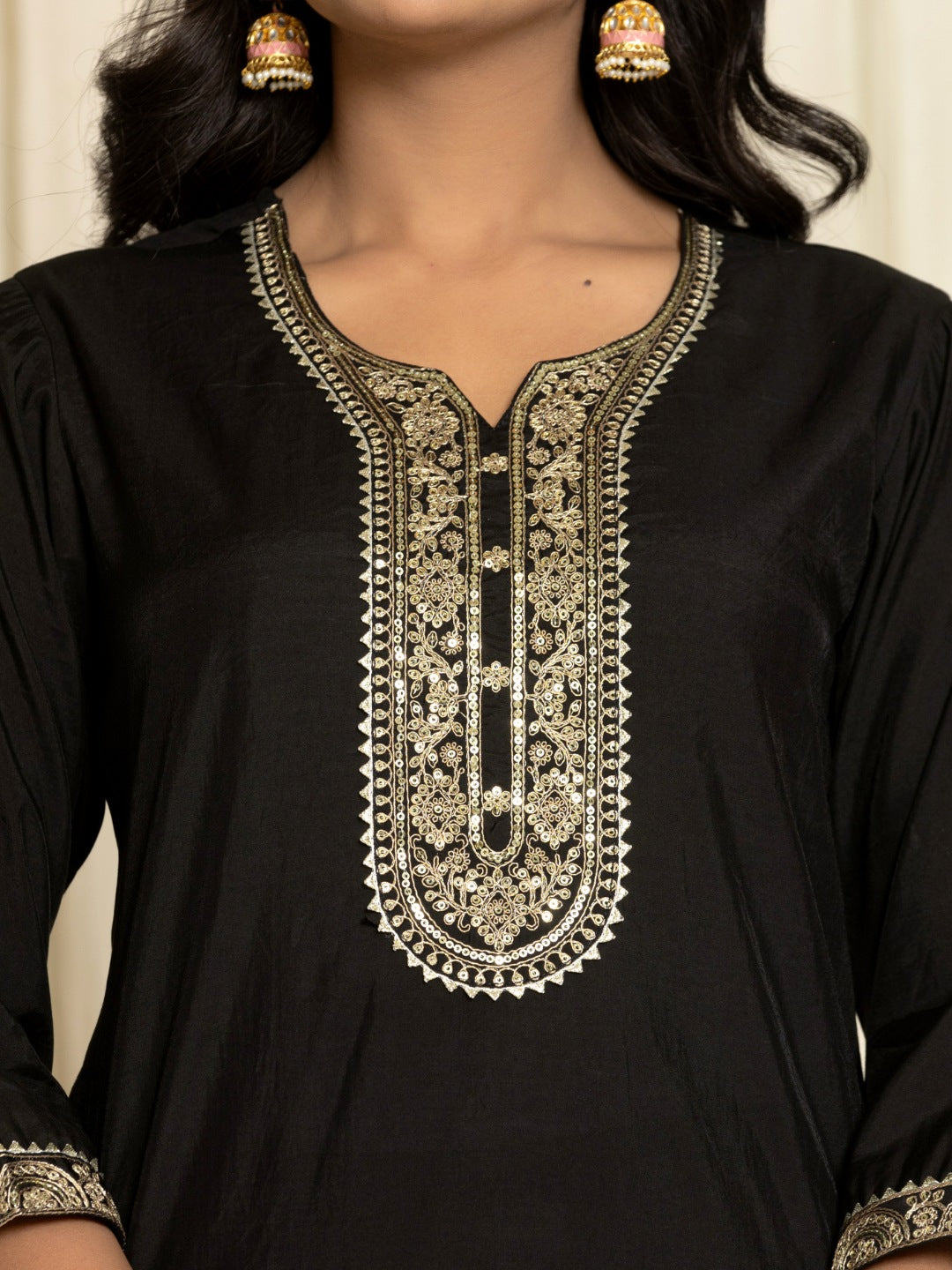 Roman Silk Embroidered Kurta, Pant and Dupatta Set - Black