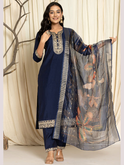 Roman Silk Embroidered Kurta, Pant and Dupatta Set - Navy