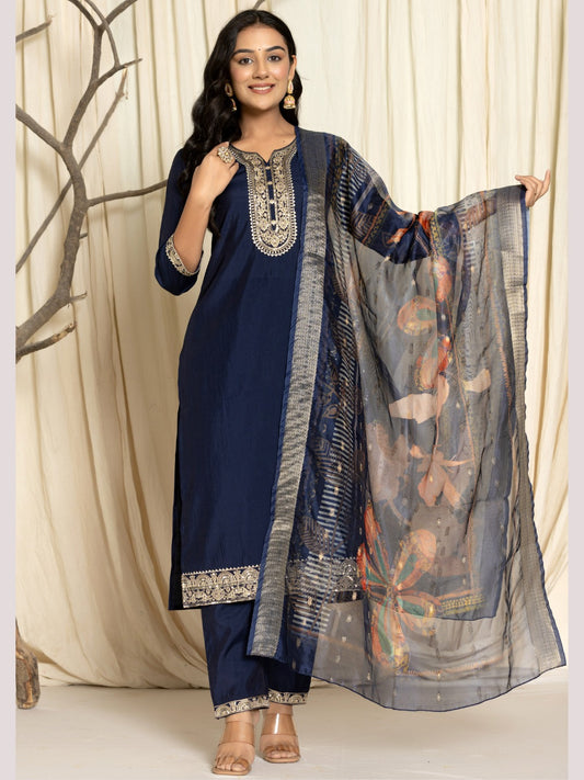 Roman Silk Embroidered Kurta, Pant and Dupatta Set - Navy