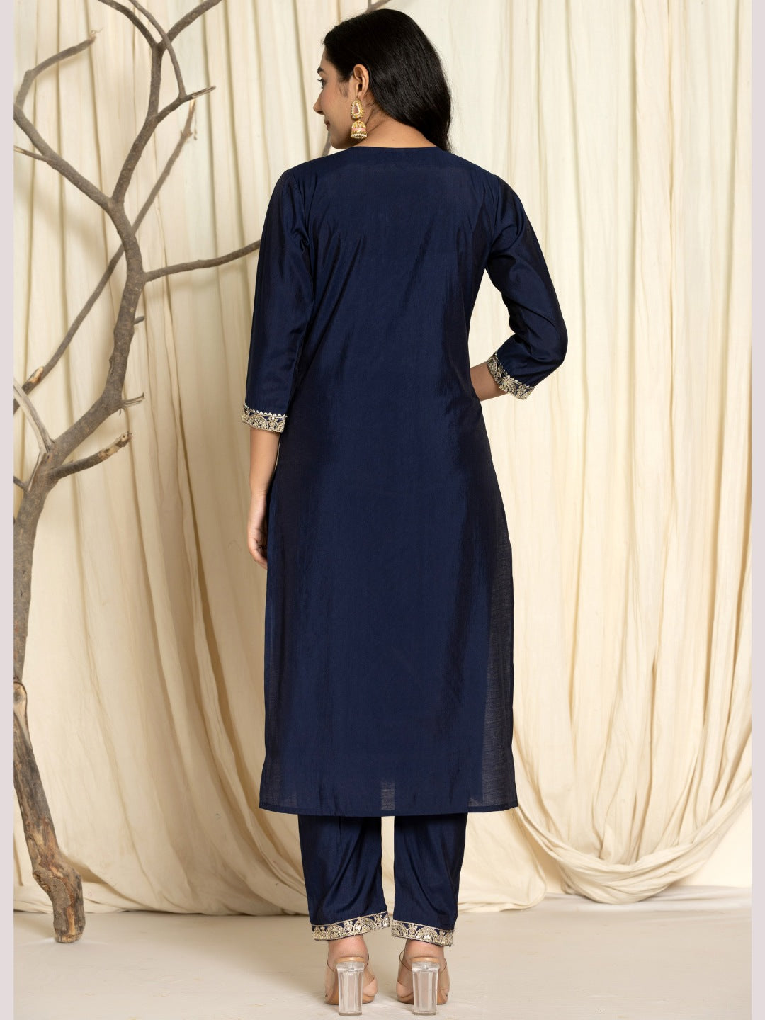 Roman Silk Embroidered Kurta, Pant and Dupatta Set - Navy