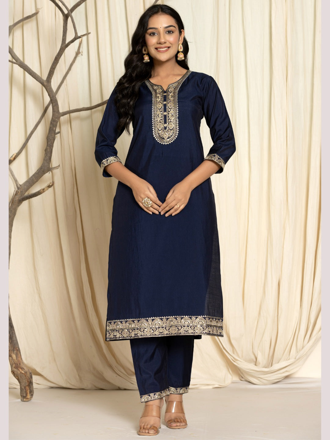 Roman Silk Embroidered Kurta, Pant and Dupatta Set - Navy