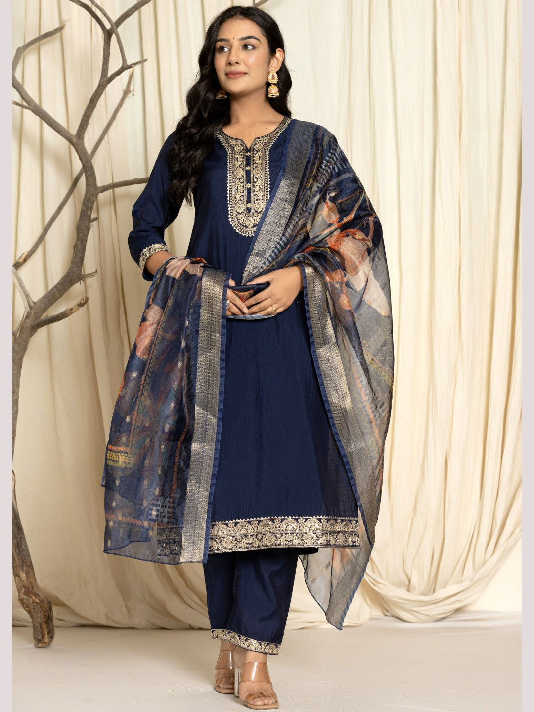 Roman Silk Embroidered Kurta, Pant and Dupatta Set - Navy