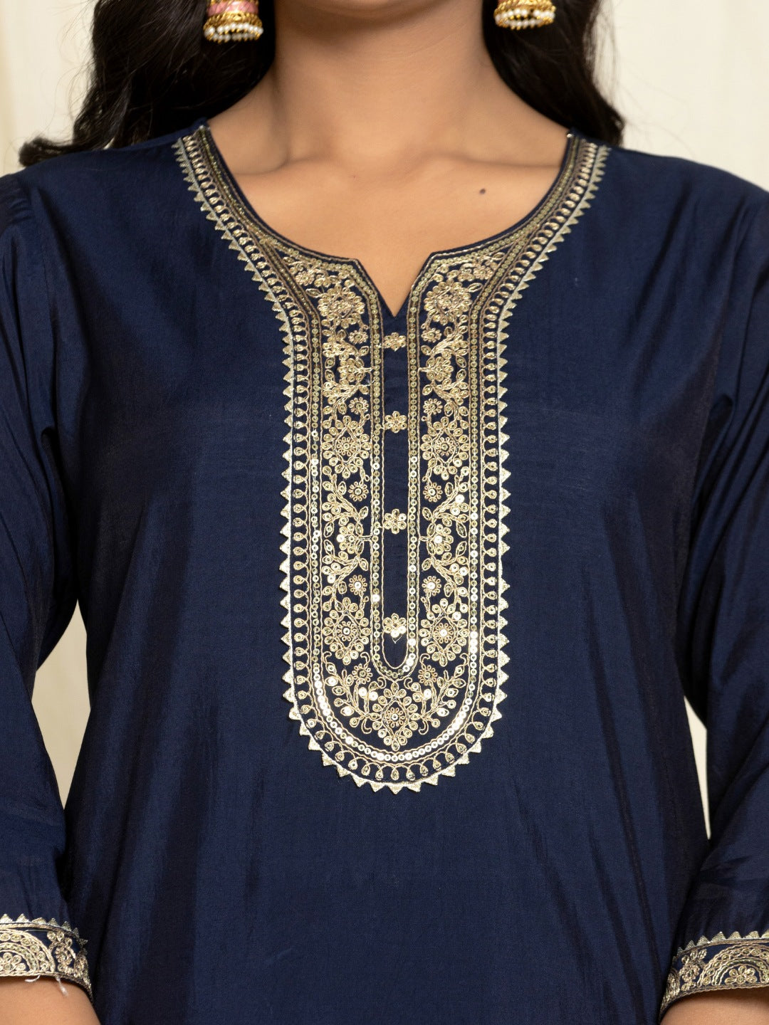 Roman Silk Embroidered Kurta, Pant and Dupatta Set - Navy