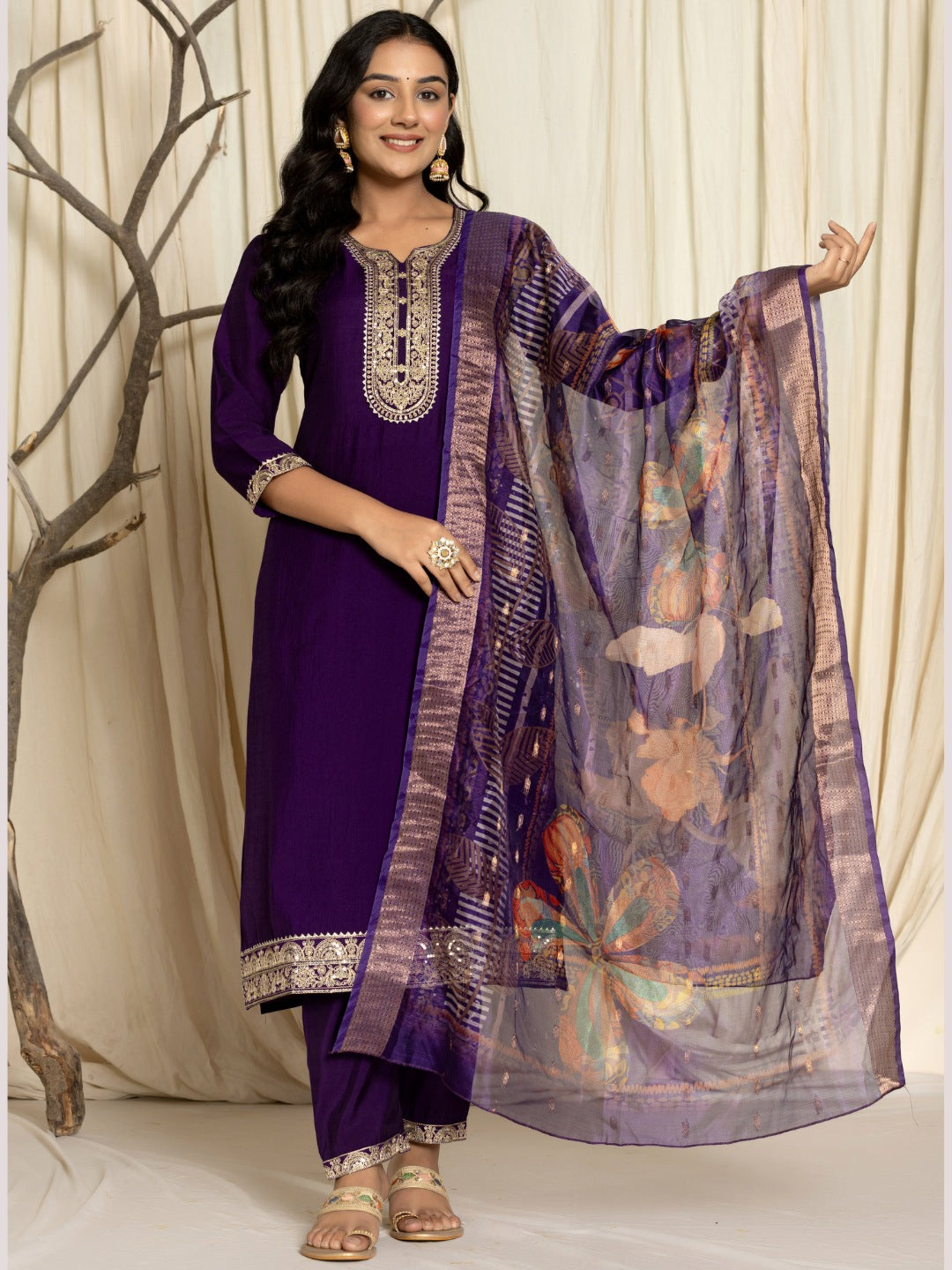 Roman Silk Embroidered Kurta, Pant and Dupatta Set - Violet