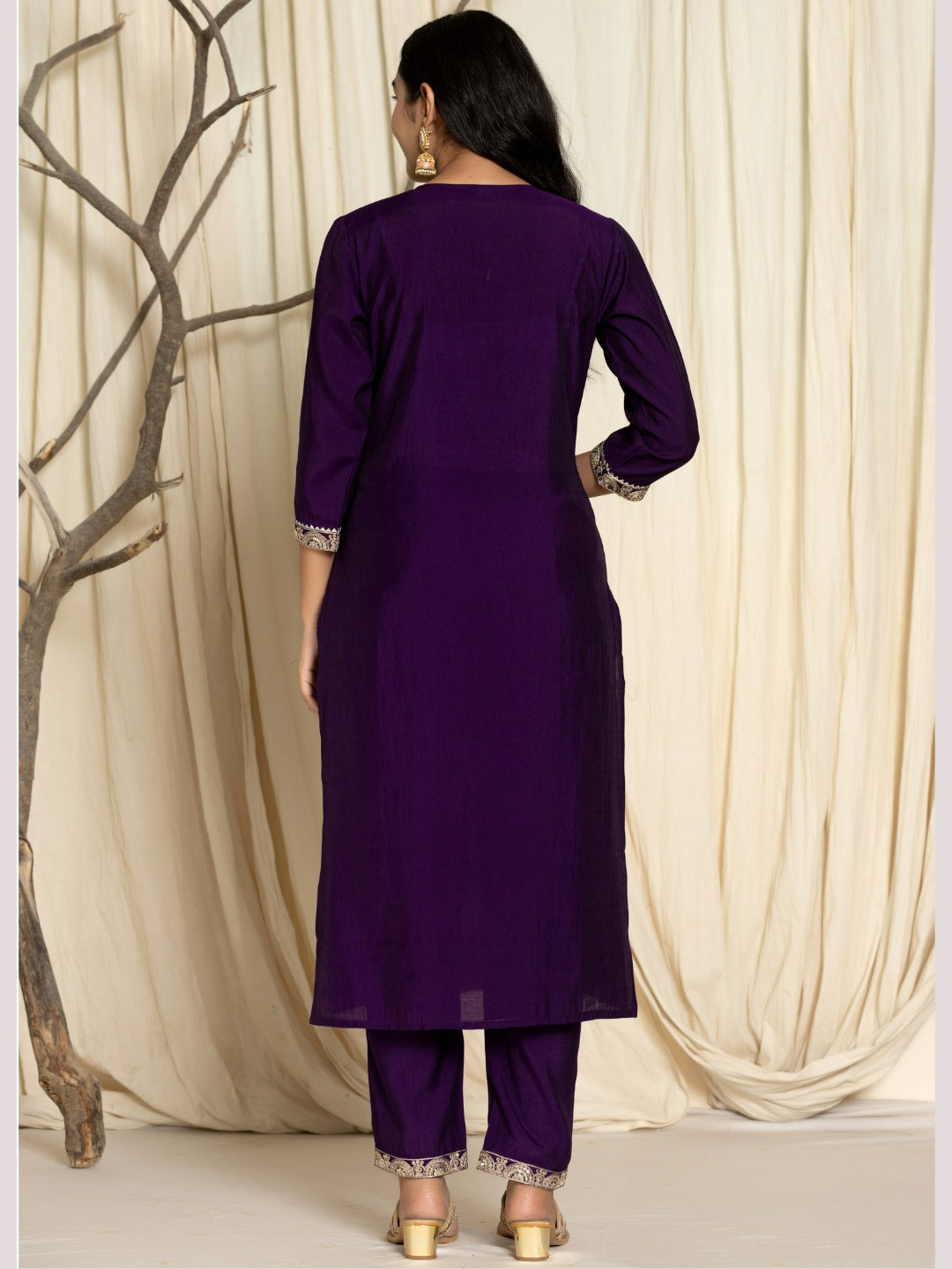 Roman Silk Embroidered Kurta, Pant and Dupatta Set - Violet