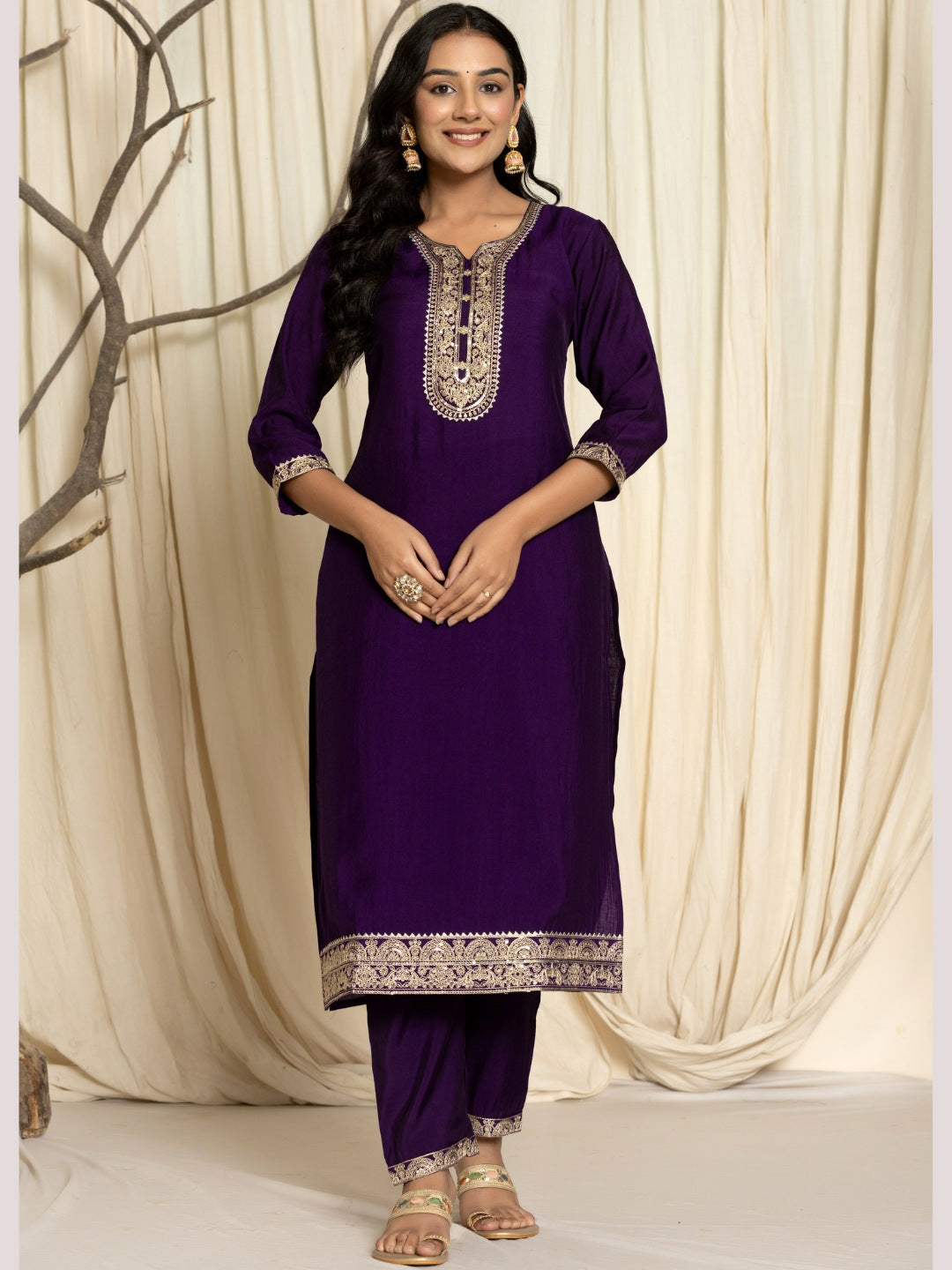 Roman Silk Embroidered Kurta, Pant and Dupatta Set - Violet