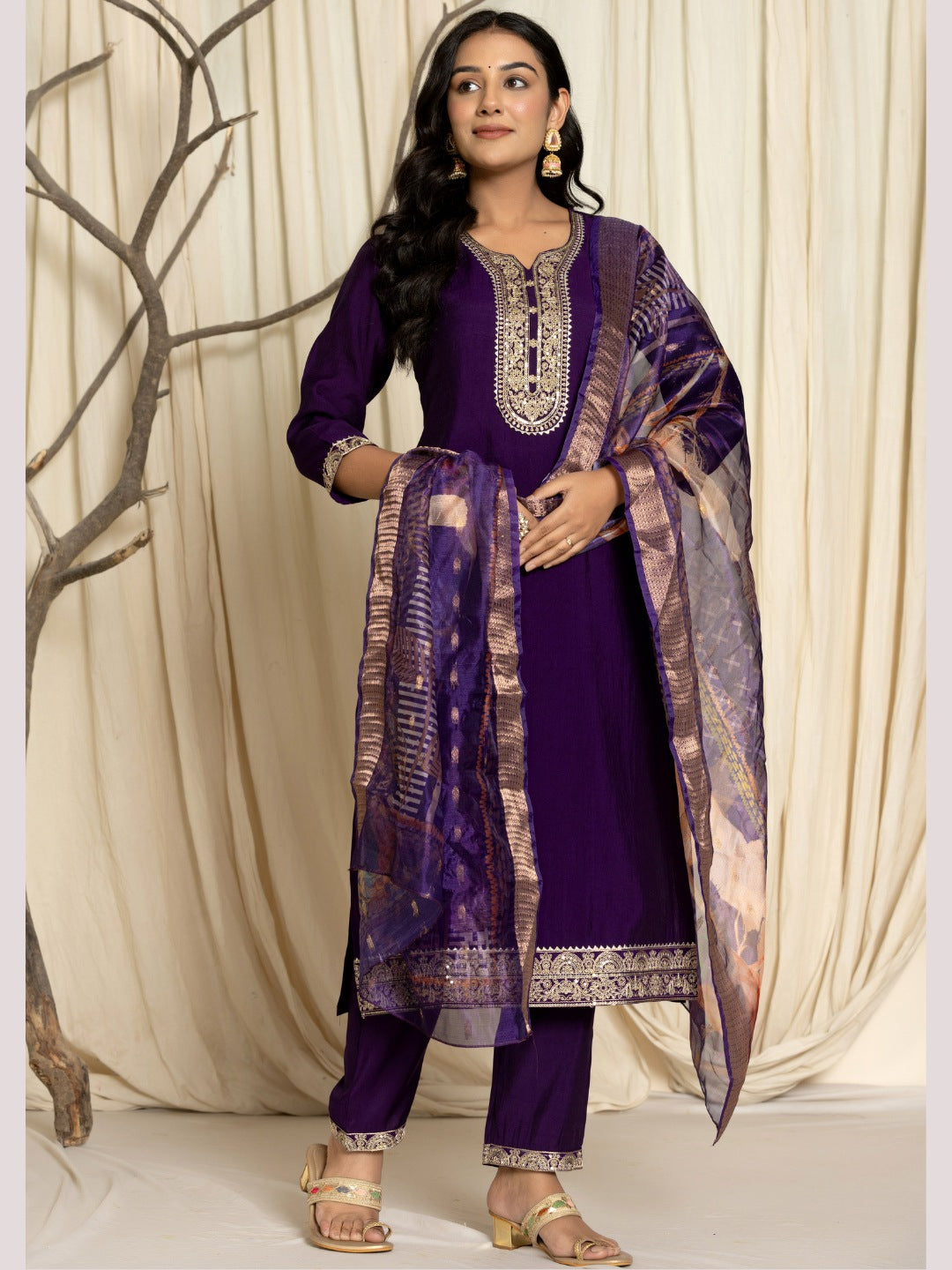 Roman Silk Embroidered Kurta, Pant and Dupatta Set - Violet