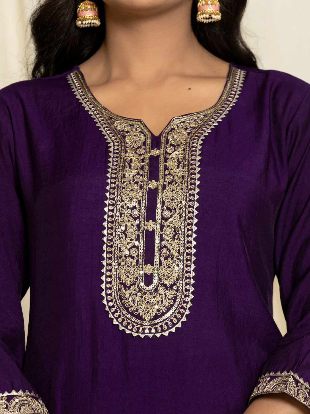 Roman Silk Embroidered Kurta, Pant and Dupatta Set - Violet