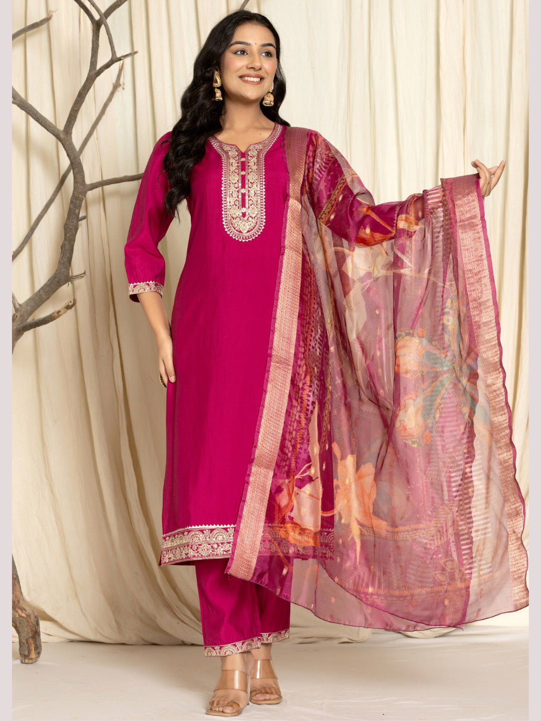 Roman Silk Embroidered Kurta, Pant and Dupatta Set - Wine