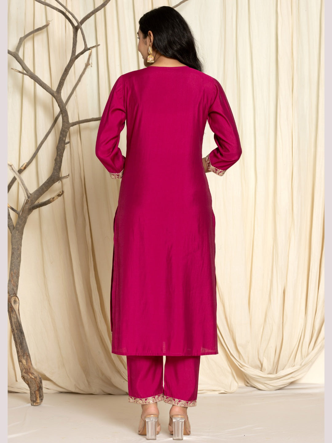 Roman Silk Embroidered Kurta, Pant and Dupatta Set - Wine