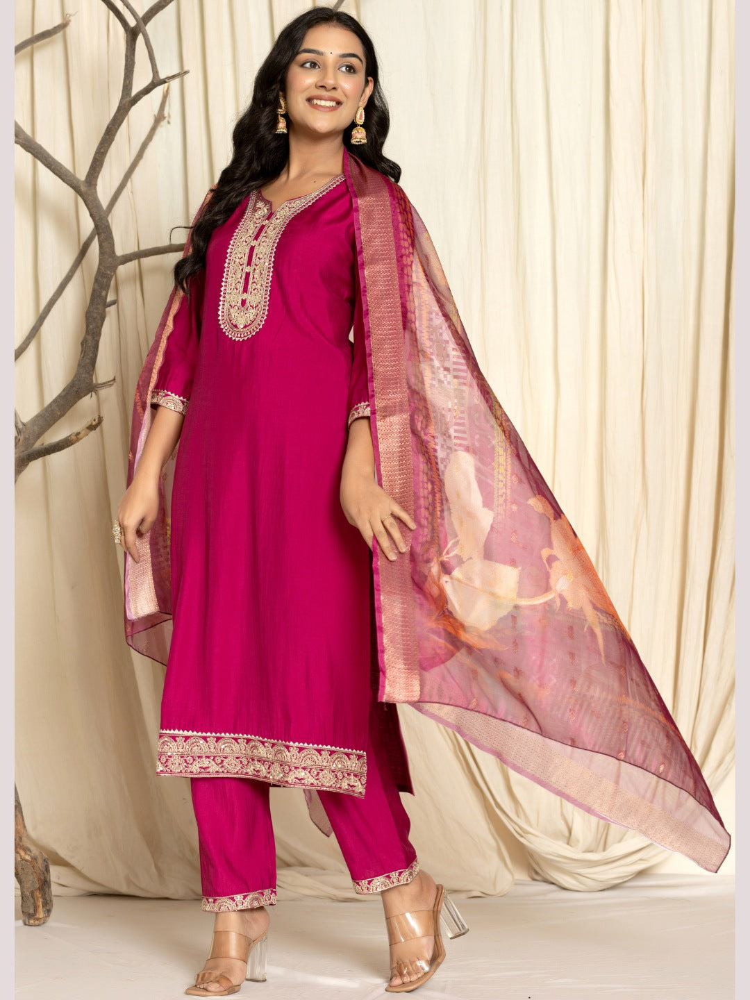 Roman Silk Embroidered Kurta, Pant and Dupatta Set - Wine