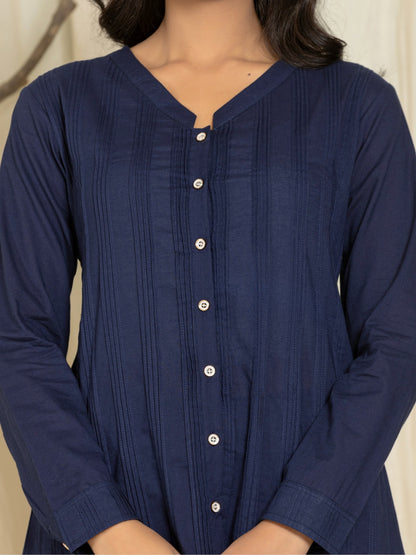 Solid Pure Cotton Pintucks Shirt Top - Navy