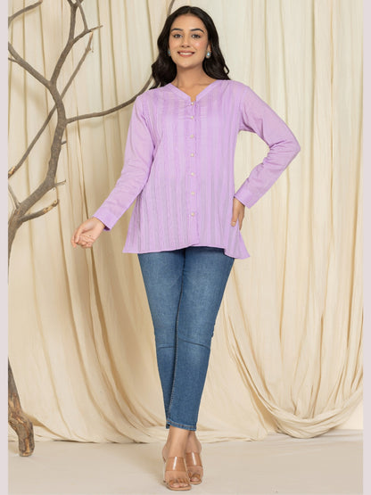 Solid Pure Cotton Pintucks Shirt Top - Purple