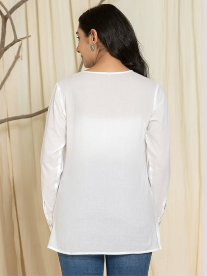 Solid Pure Cotton Pintucks Shirt Top - White