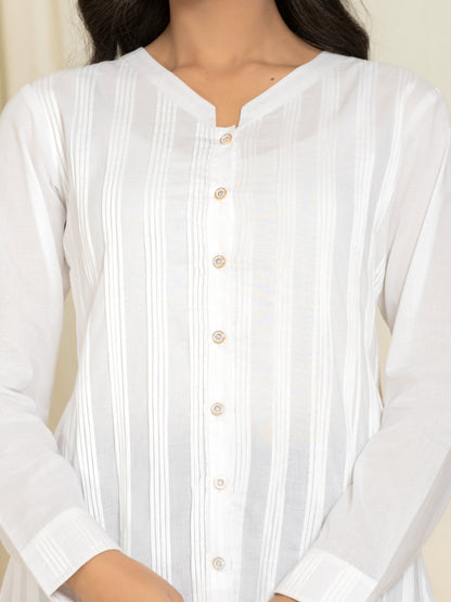 Solid Pure Cotton Pintucks Shirt Top - White