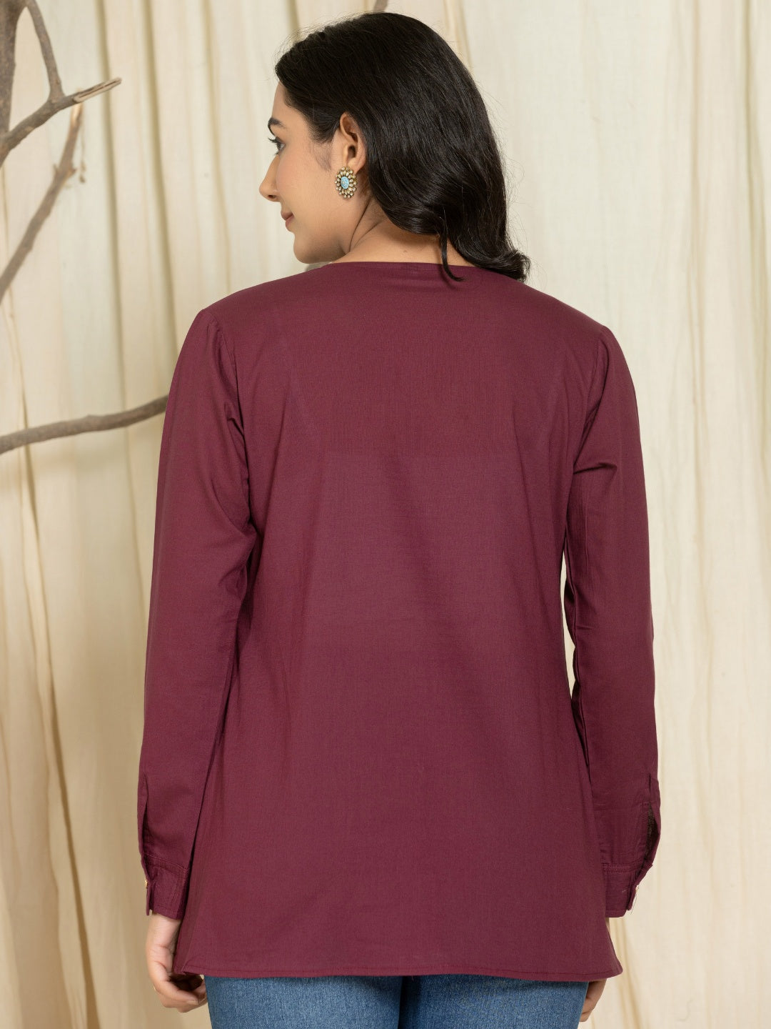 Solid Pure Cotton Pintucks Shirt Top - Wine