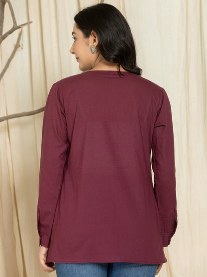 Solid Pure Cotton Pintucks Shirt Top - Wine