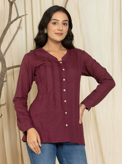 Solid Pure Cotton Pintucks Shirt Top - Wine