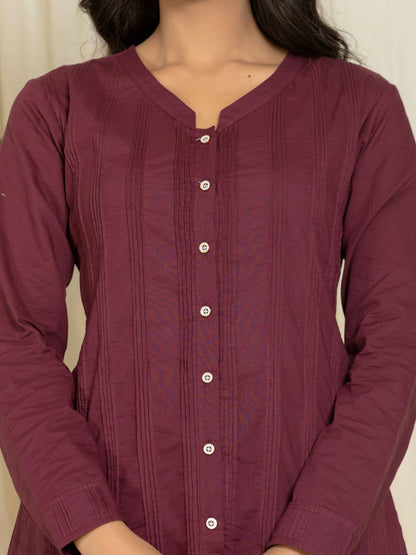 Solid Pure Cotton Pintucks Shirt Top - Wine
